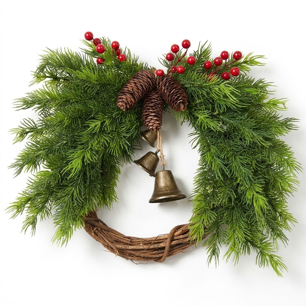 Country-style Christmas wreath with pinecones, berries, and bells, approx. 45 cm