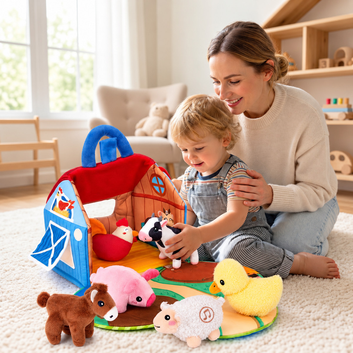Plush baby farm playset with 6 animals, animal sounds and carry handle, from 6 months