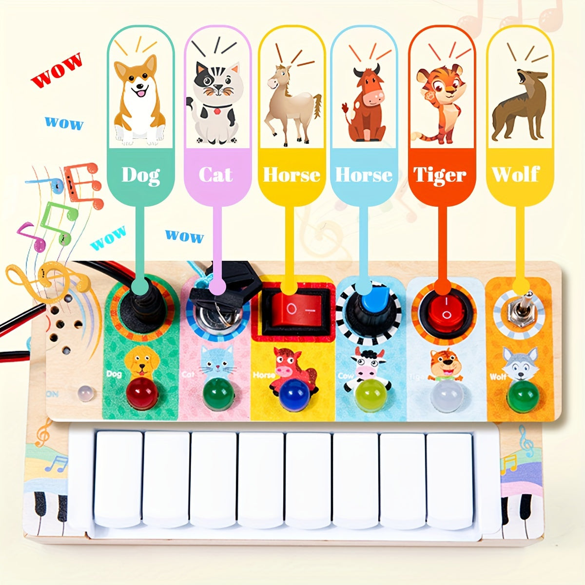 Wooden music learning toy with keys and lights