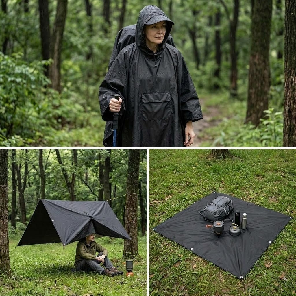Regenponcho mit Kapuze und Fronttasche, faltbar – 210 × 140 cm