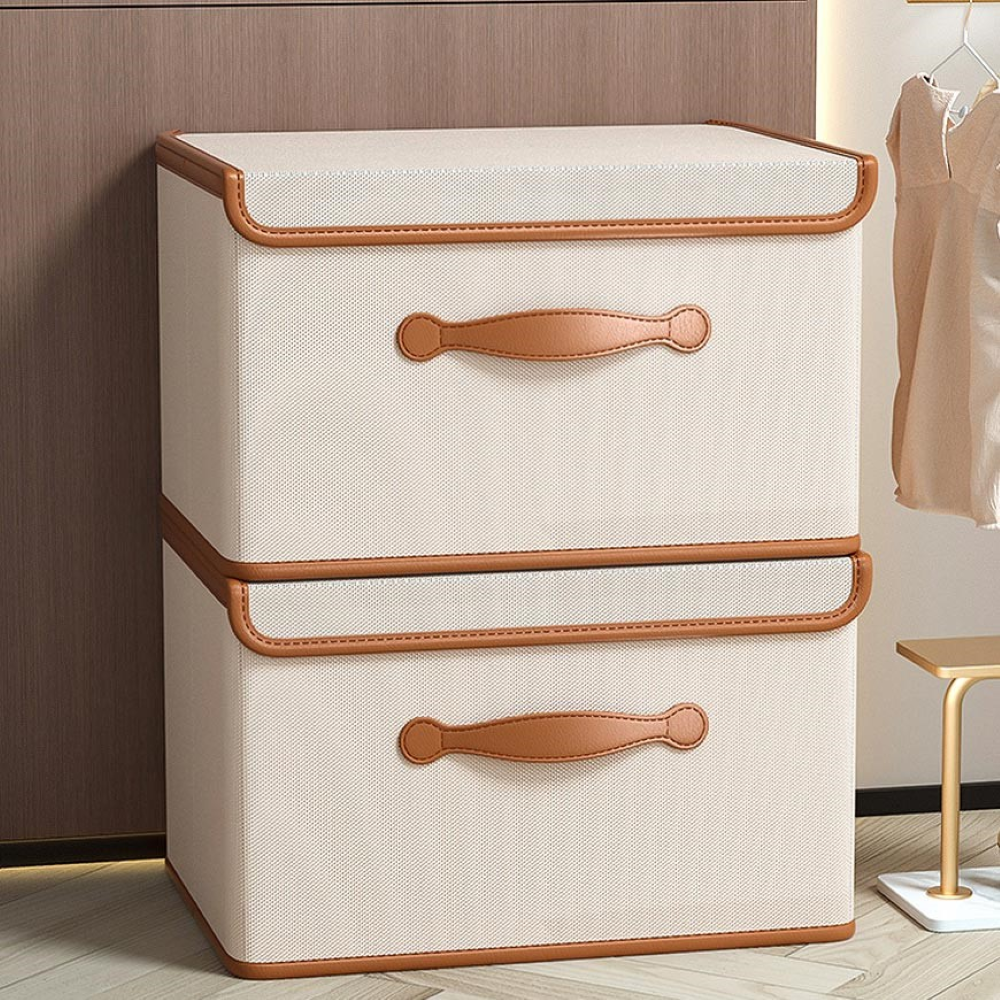 Foldable storage box with lid and leather handles
