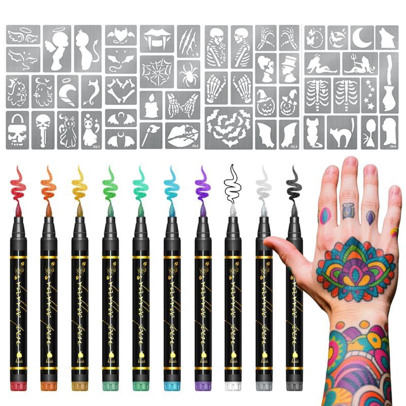 Temporäre Tattoo-Marker Set – 10 Farben mit Pinselspitze -   Mivoza Deutschland