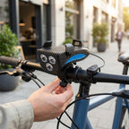 4-in-1 Fahrradlampe mit Handyhalterung, Powerbank und Hupe – USB aufladbar, IPX4