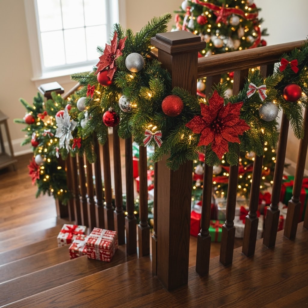 Christmas garland 2.7 m with fir branches, poinsettias & baubles