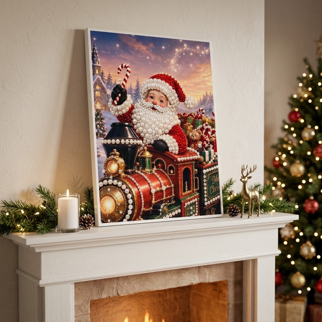 Christmas Diamond Painting with Beads, Santa Claus on a Train, 30 × 40 cm
