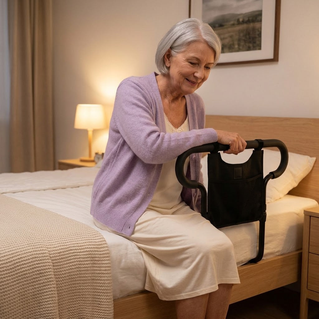 Bed rail assist handle with storage pouch, height-adjustable, up to 136 kg