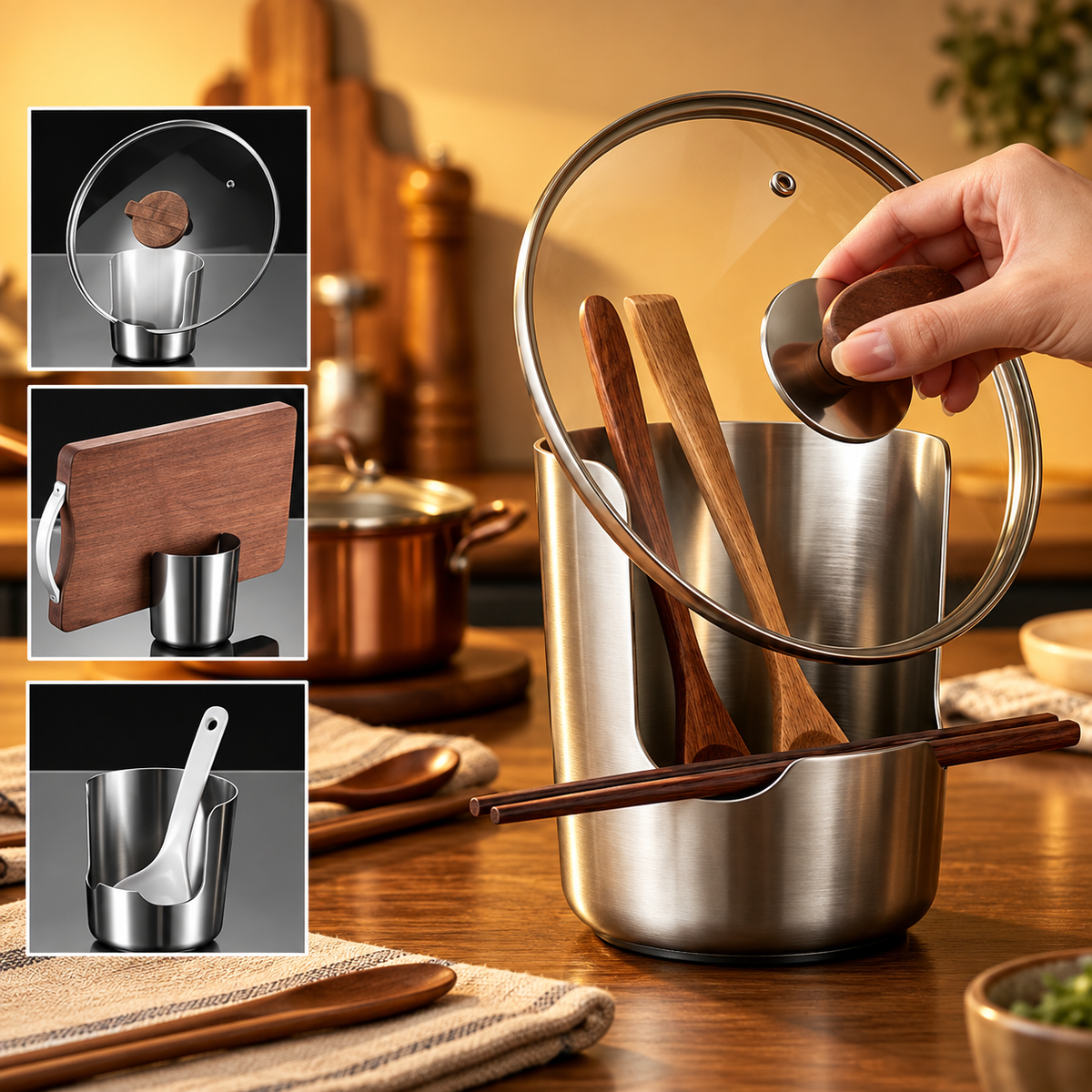 Utensilienhalter Edelstahl mit Deckelablage für Küche