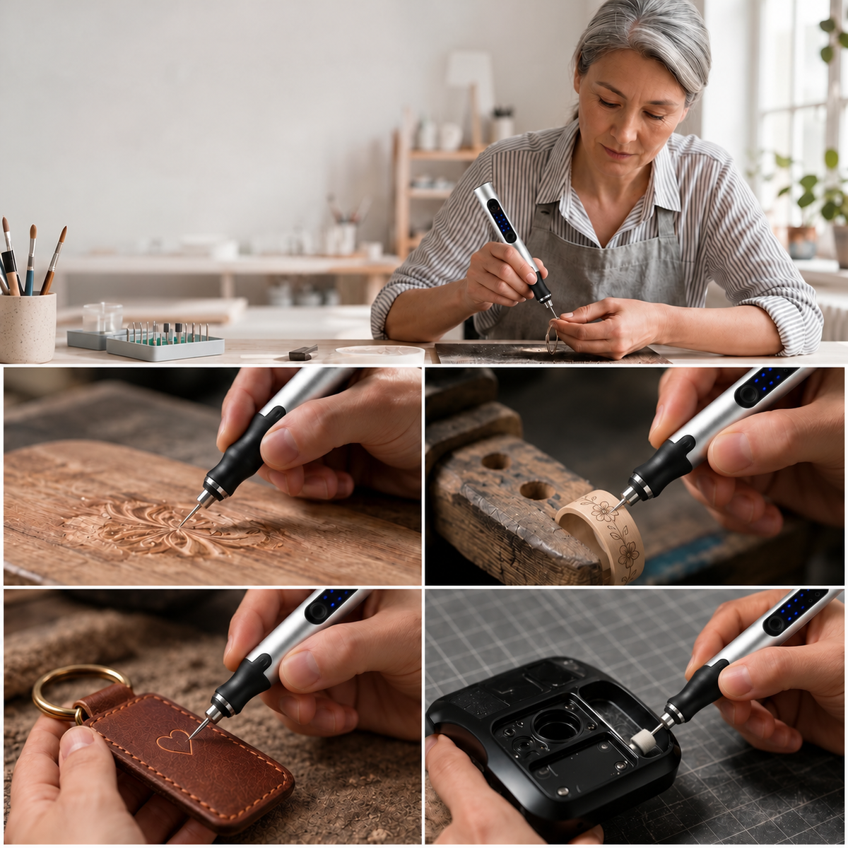 Battery-powered engraving pen for wood and leather, 3 settings up to 18,000 rpm