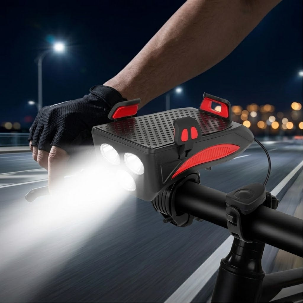 4-in-1 Fahrradlampe mit Handyhalterung, Powerbank und Hupe – USB aufladbar, IPX4