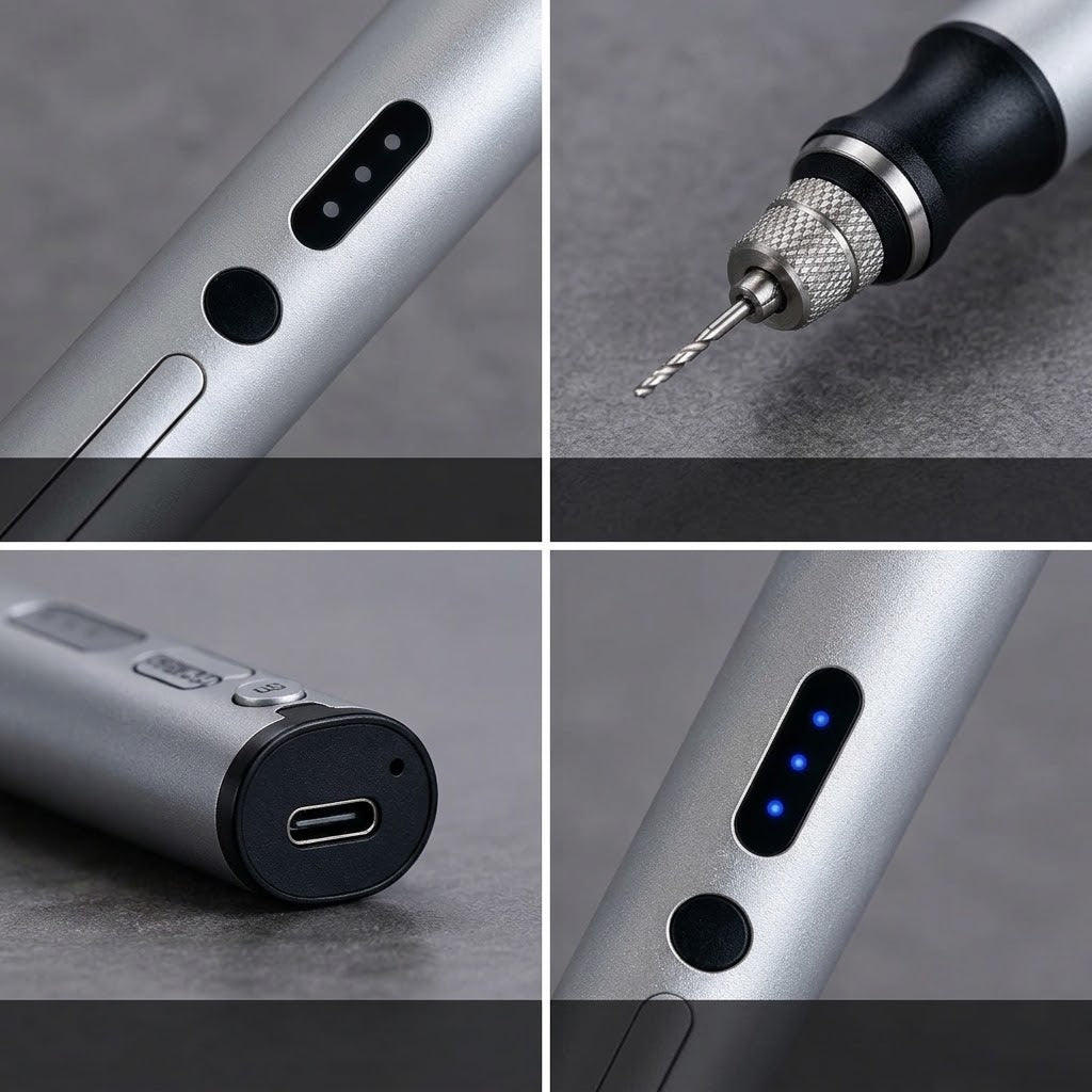Elektrischer Gravierstift mit Akku, 3 Stufen bis 18.000 U/min, USB-C, Aluminium