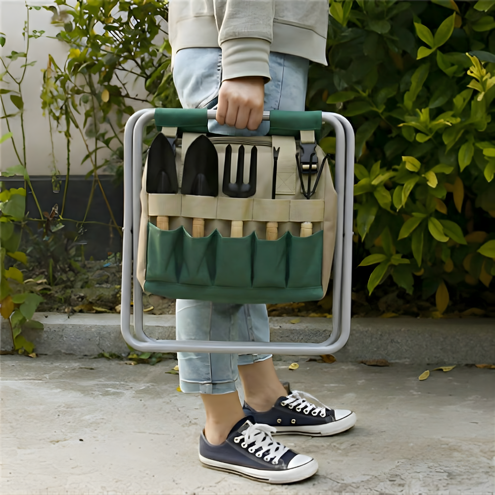 Garden tool set 8-piece with folding stool and carrying bag