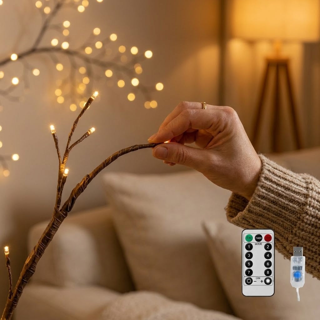 LED light branch, 160 cm, 72 warm white LEDs, USB-powered & remote control - brown, willow look