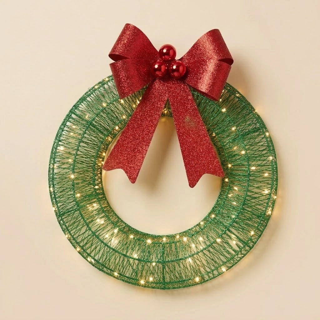 LED-Weihnachtskranz beleuchtet mit roter Schleife – batteriebetrieben, in Grün oder Gold