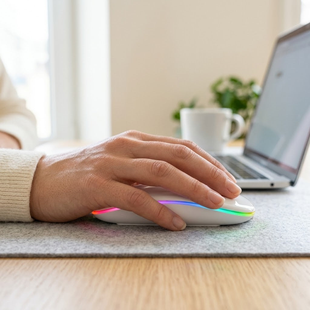 Quiet wireless mouse, Bluetooth 5.2 and USB receiver, rechargeable, RGB