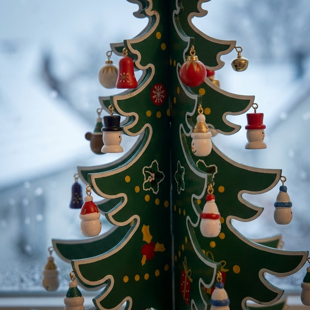 Advent calendar with wooden Christmas tree to decorate, 24 wooden ornaments