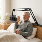 Tablet and phone holder for bed with spring arm - headboard mounting plate, for devices 15–25 cm