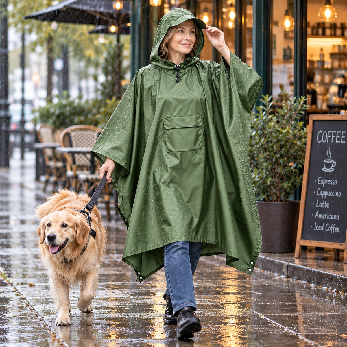 Regenponcho mit Kapuze und Fronttasche, faltbar – 210 × 140 cm