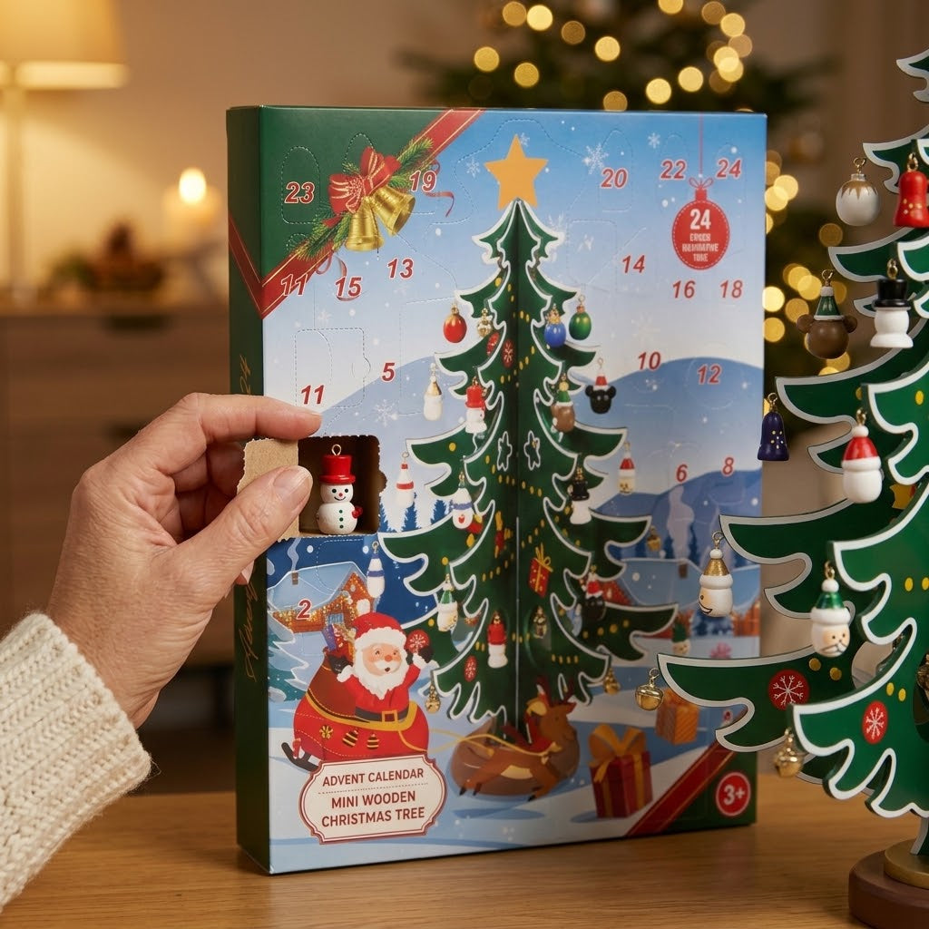 Advent calendar with wooden Christmas tree to decorate, 24 wooden ornaments