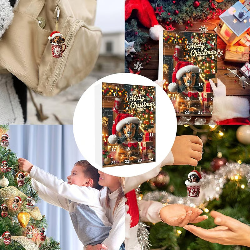 Weihnachts-Adventskalender mit 24 Dackel-Anhängern aus Acryl