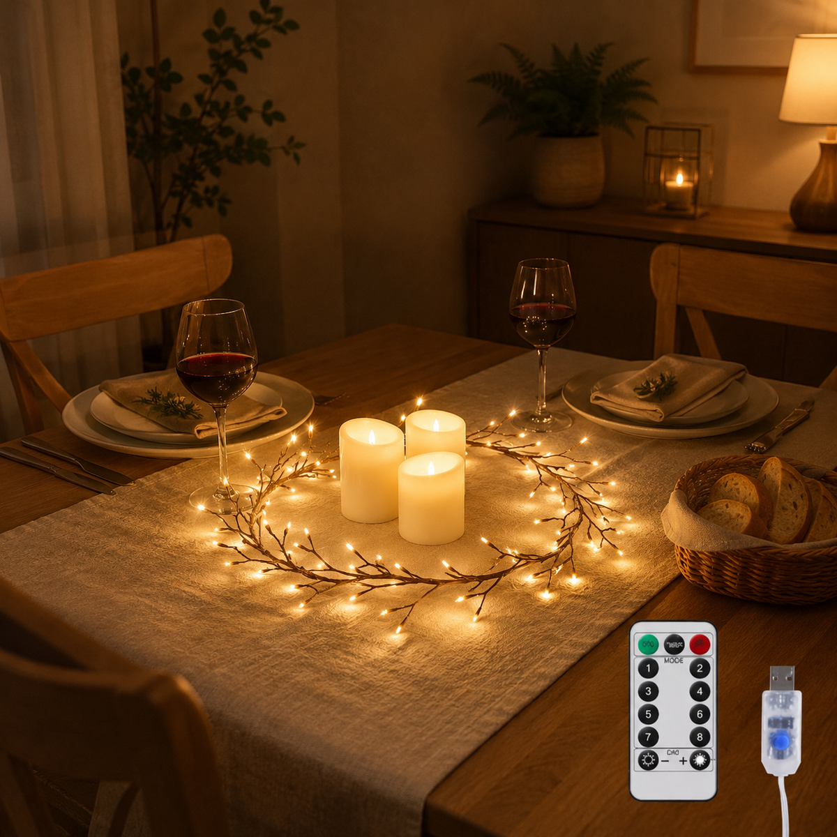 LED-Lichterzweig 160 cm, 72 LEDs warmweiß, USB-Betrieb & Fernbedienung – braun, Weidenoptik