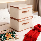Foldable storage box with lid and leather handles