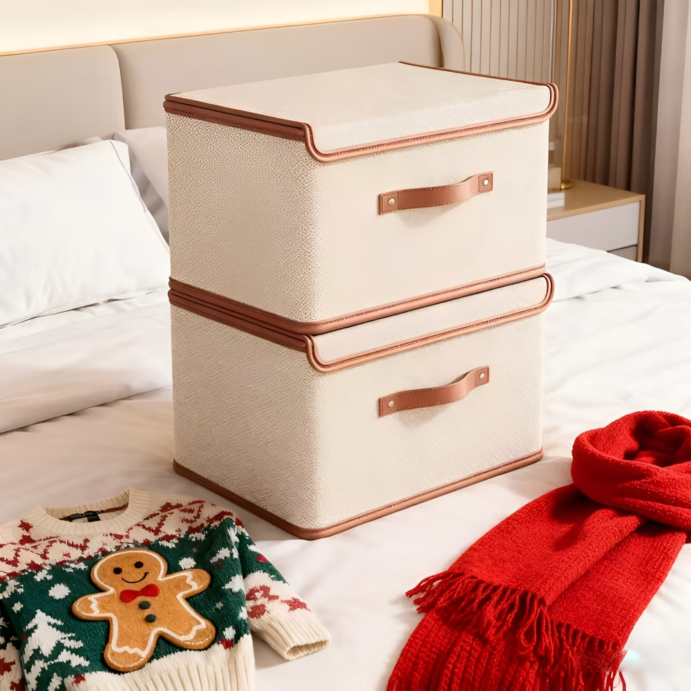 Foldable storage box with lid and leather handles