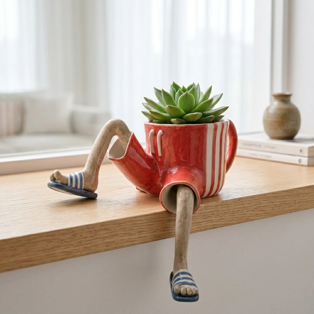 Mini flower pot with sitting legs for table, wall, and shelf edges, polyresin, hand-painted, 6 × 12 × 10 cm