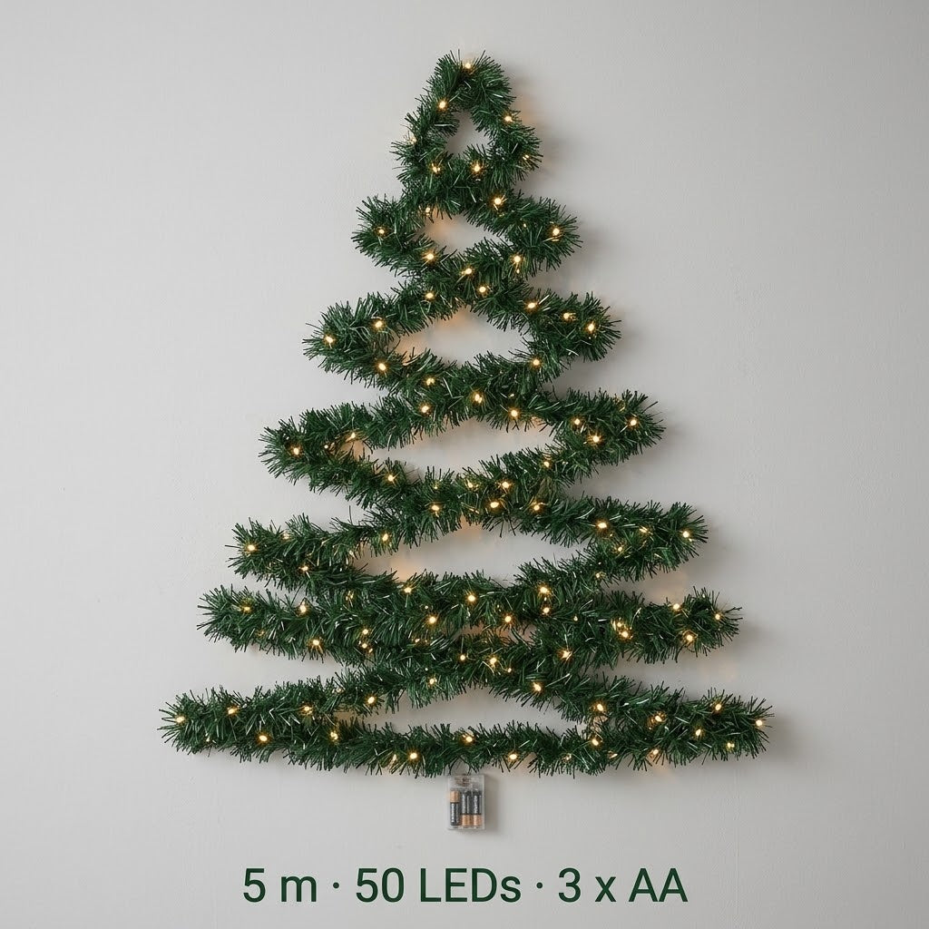 Wall-mounted Christmas tree with LED string lights – DIY fir garland, warm white, battery-operated