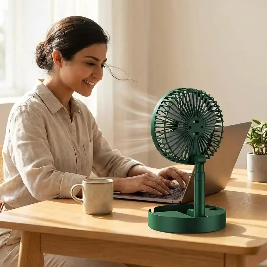 Extendable table fan with phone holder