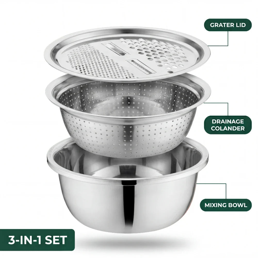 Stainless Steel Bowl Set with Grater and Sieve – 3 in 1
