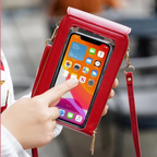 Umhängetasche mit Touchscreen-Fenster für Smartphone, PU-Leder, verstellbarer Riemen