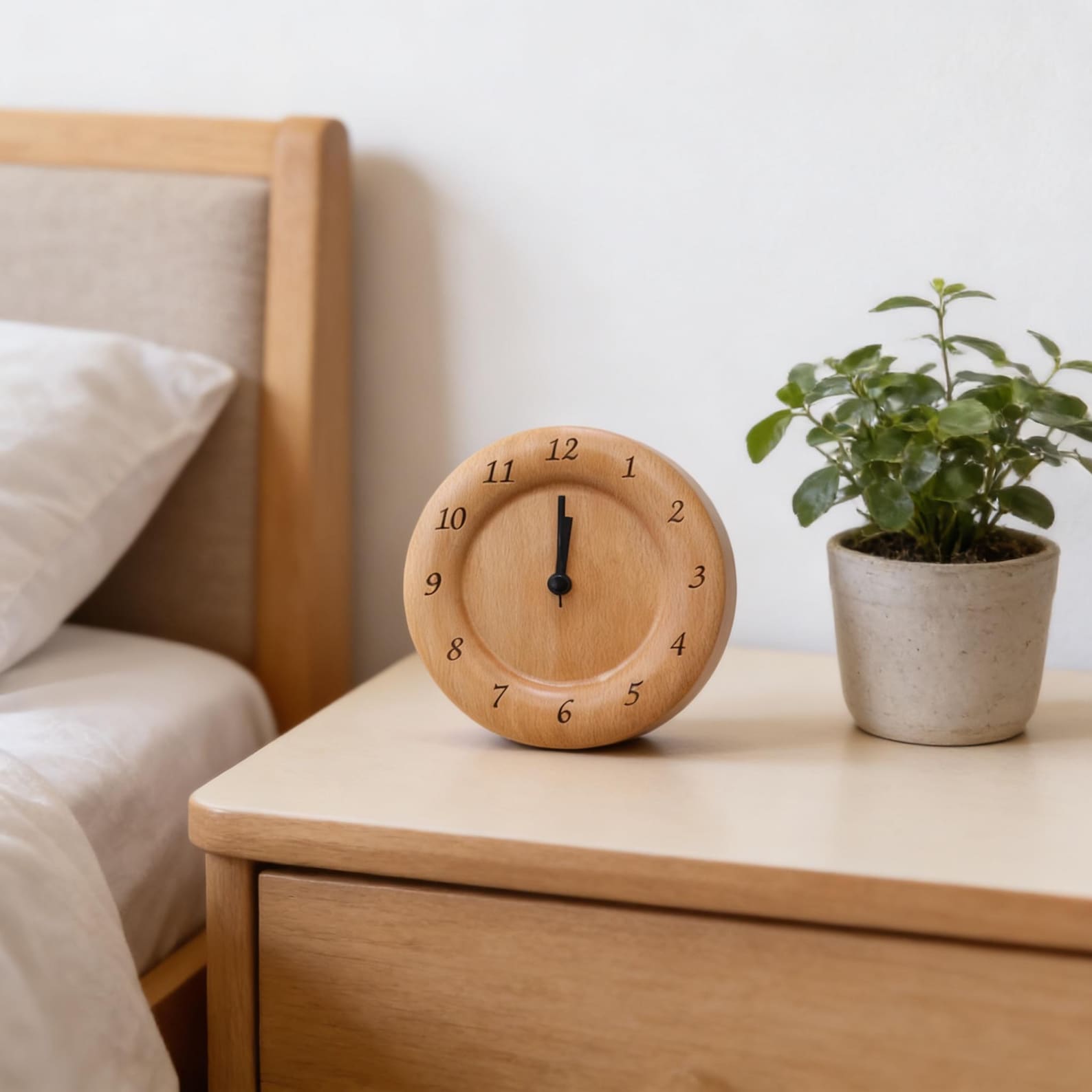 Wecker aus Buchenholz — geräuschloses Uhrwerk, sanfter Alarm, minimalistisches Design