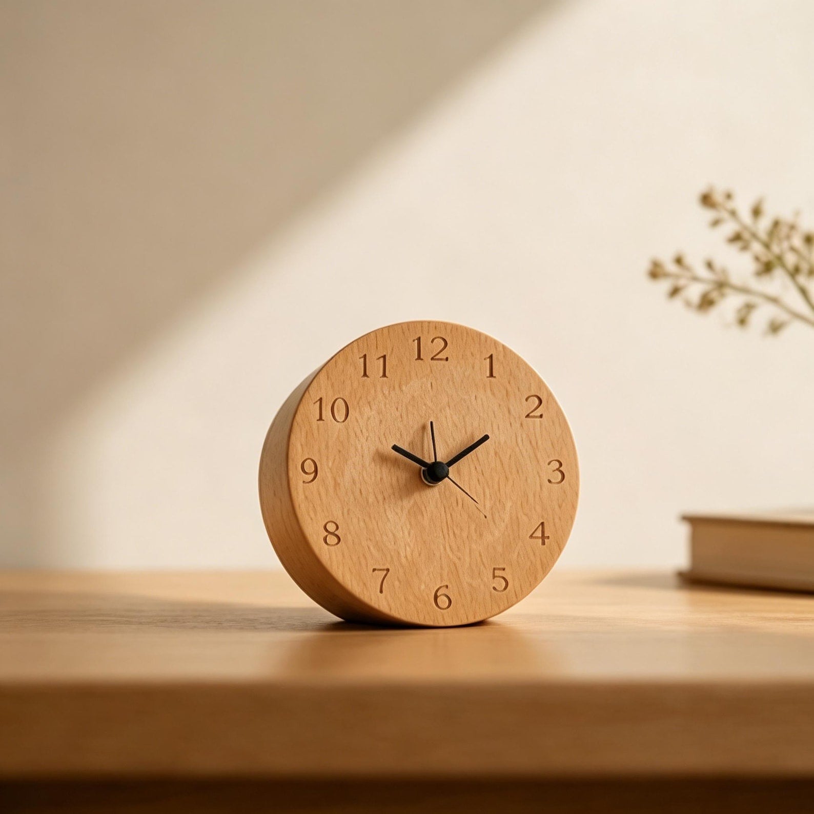 Wecker aus Buchenholz — geräuschloses Uhrwerk, sanfter Alarm, minimalistisches Design