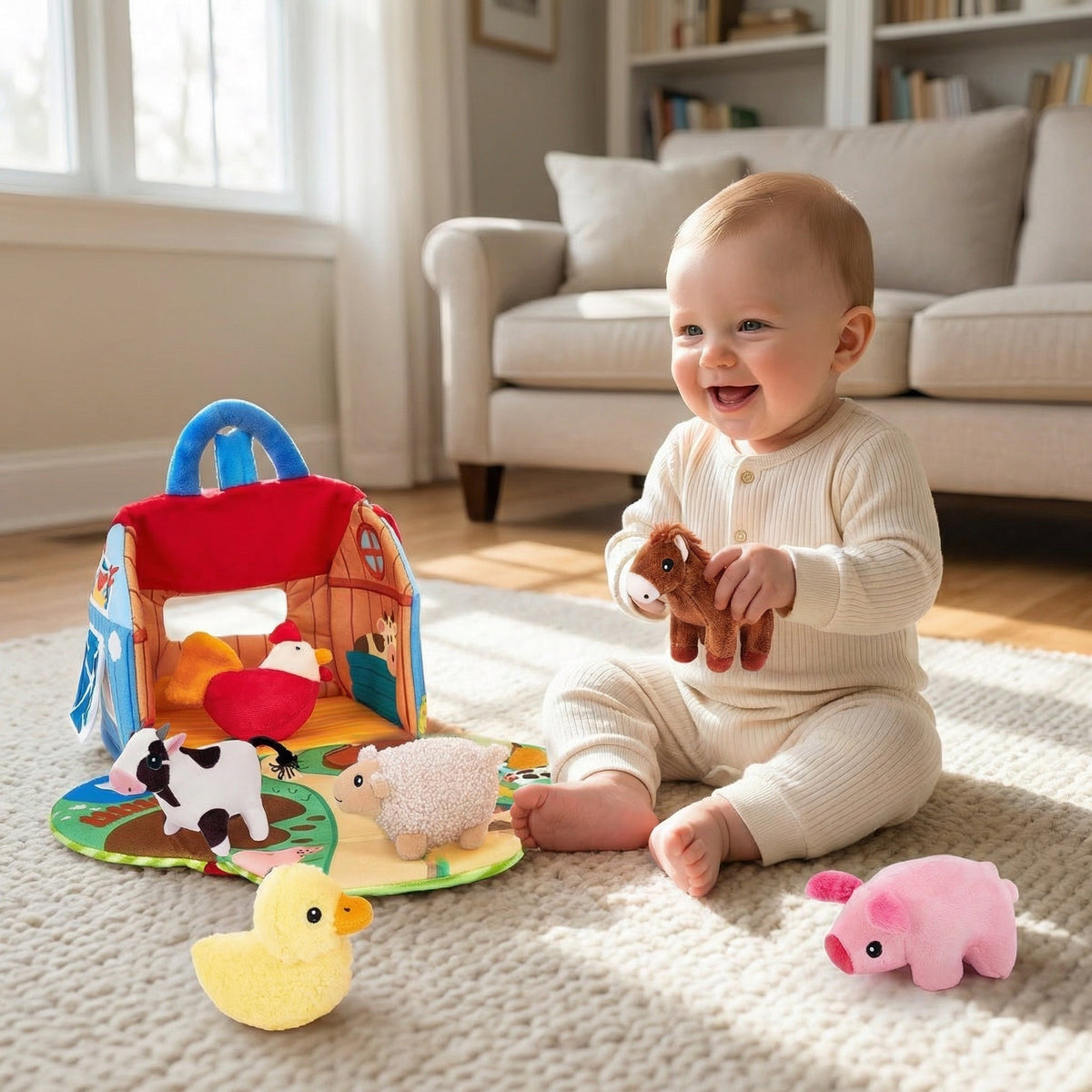 Plush baby farm playset with 6 animals, animal sounds and carry handle, from 6 months