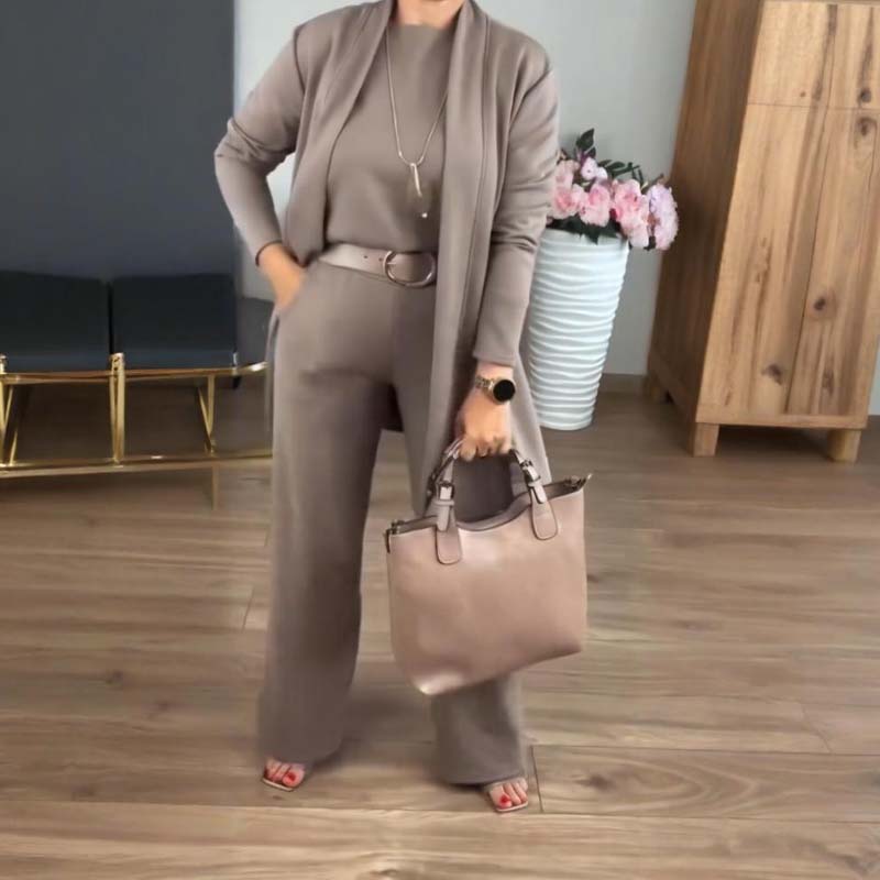 3-piece lounge set for women with cardigan, top, and pants