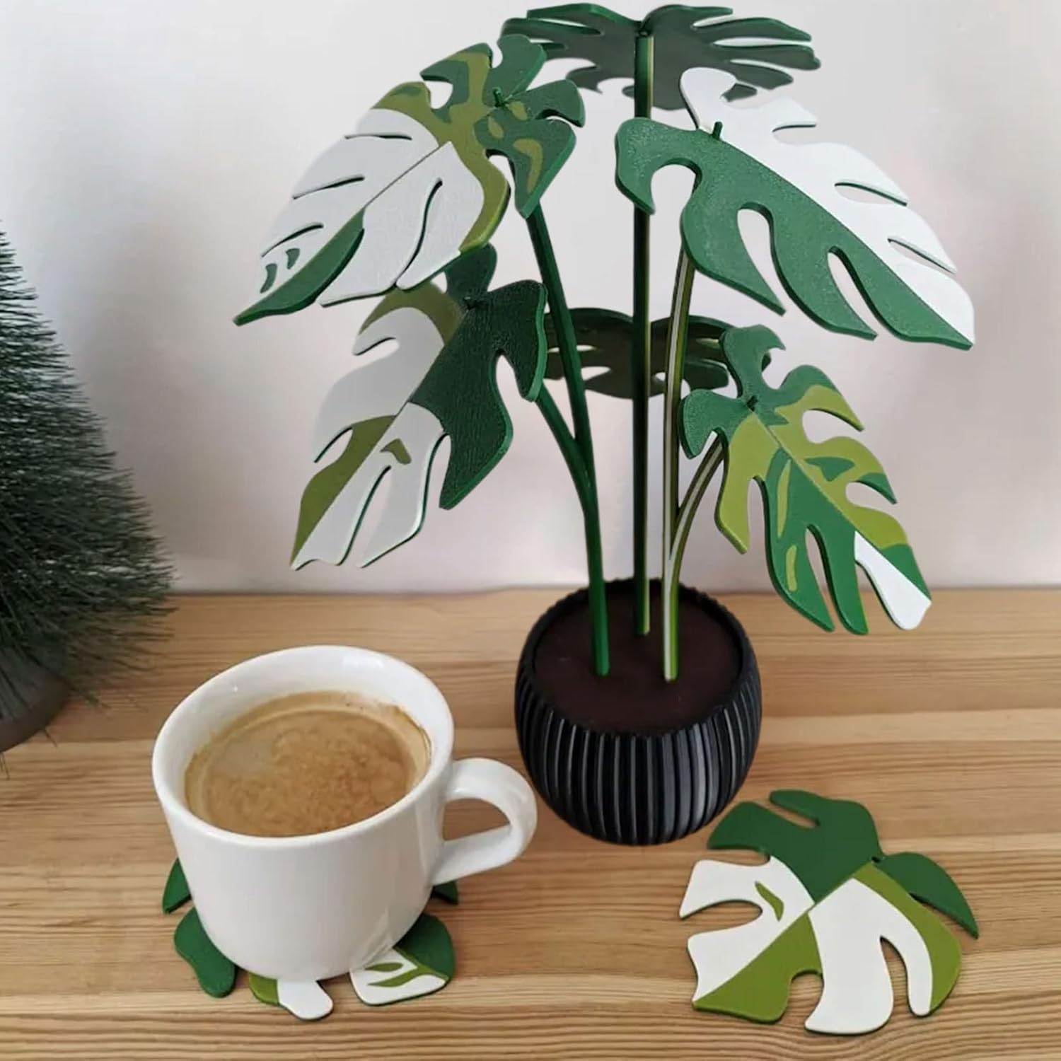 Coaster with Monstera Artificial Plant – Surface Protection with Decorative Accent