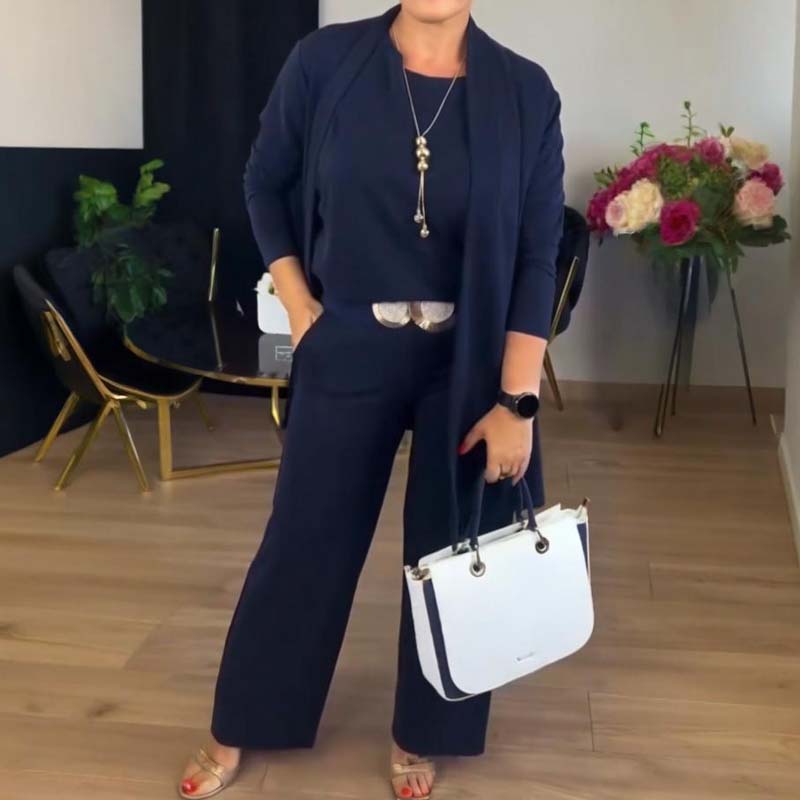 3-piece lounge set for women with cardigan, top, and pants