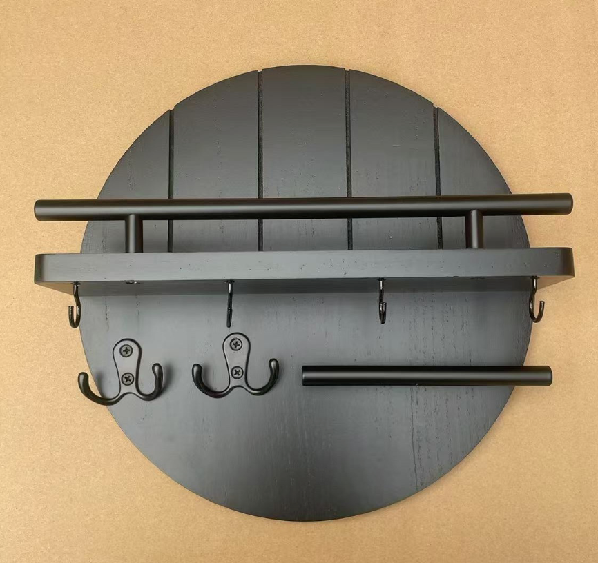 Round wall organizer with key hooks and storage shelves