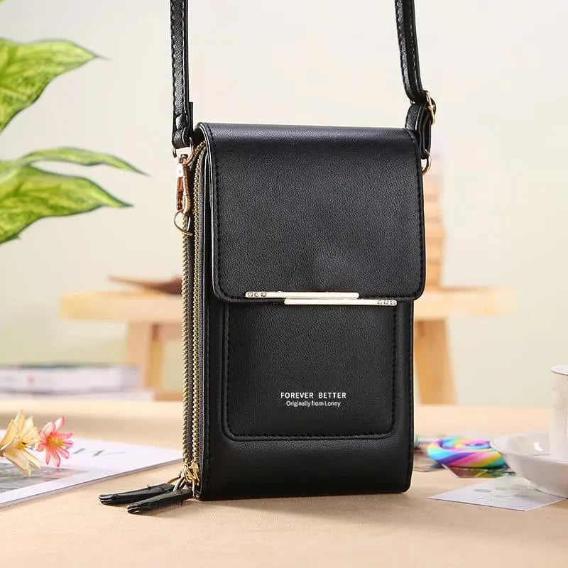 Crossbody bag with touchscreen window