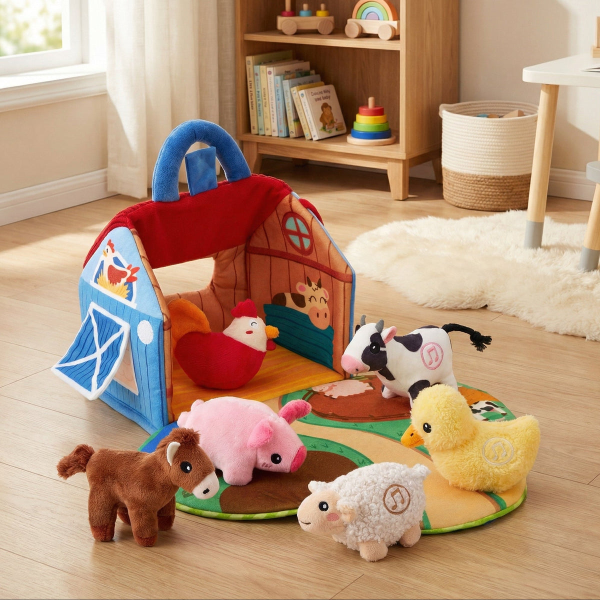 Plush baby farm playset with 6 animals, animal sounds and carry handle, from 6 months