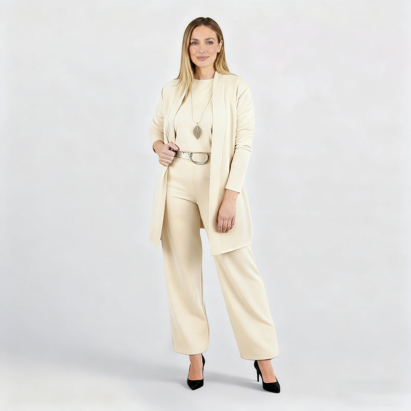 3-piece lounge set for women with cardigan, top, and pants