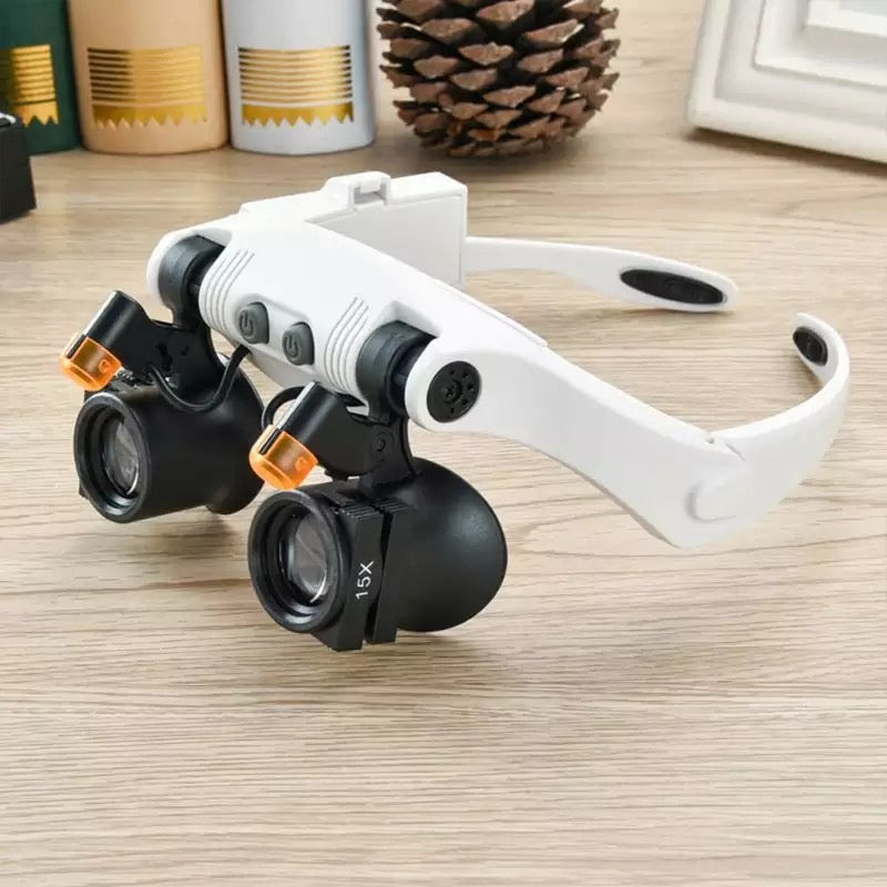Headband magnifying glasses with LED lighting and 4 magnification levels