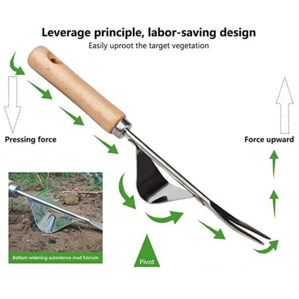 Weed puller with ergonomic wooden handle