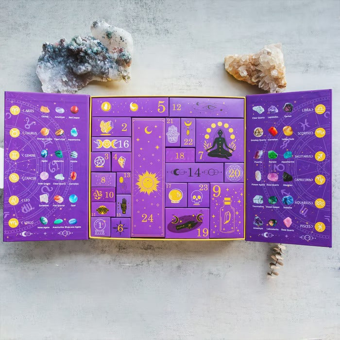 Kristall-Adventskalender mit 31 Edelsteinen und Hexenfigur