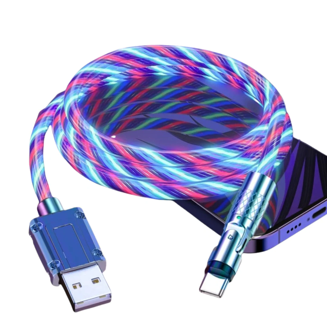 USB charging cable with 540° rotating connector and LED lighting