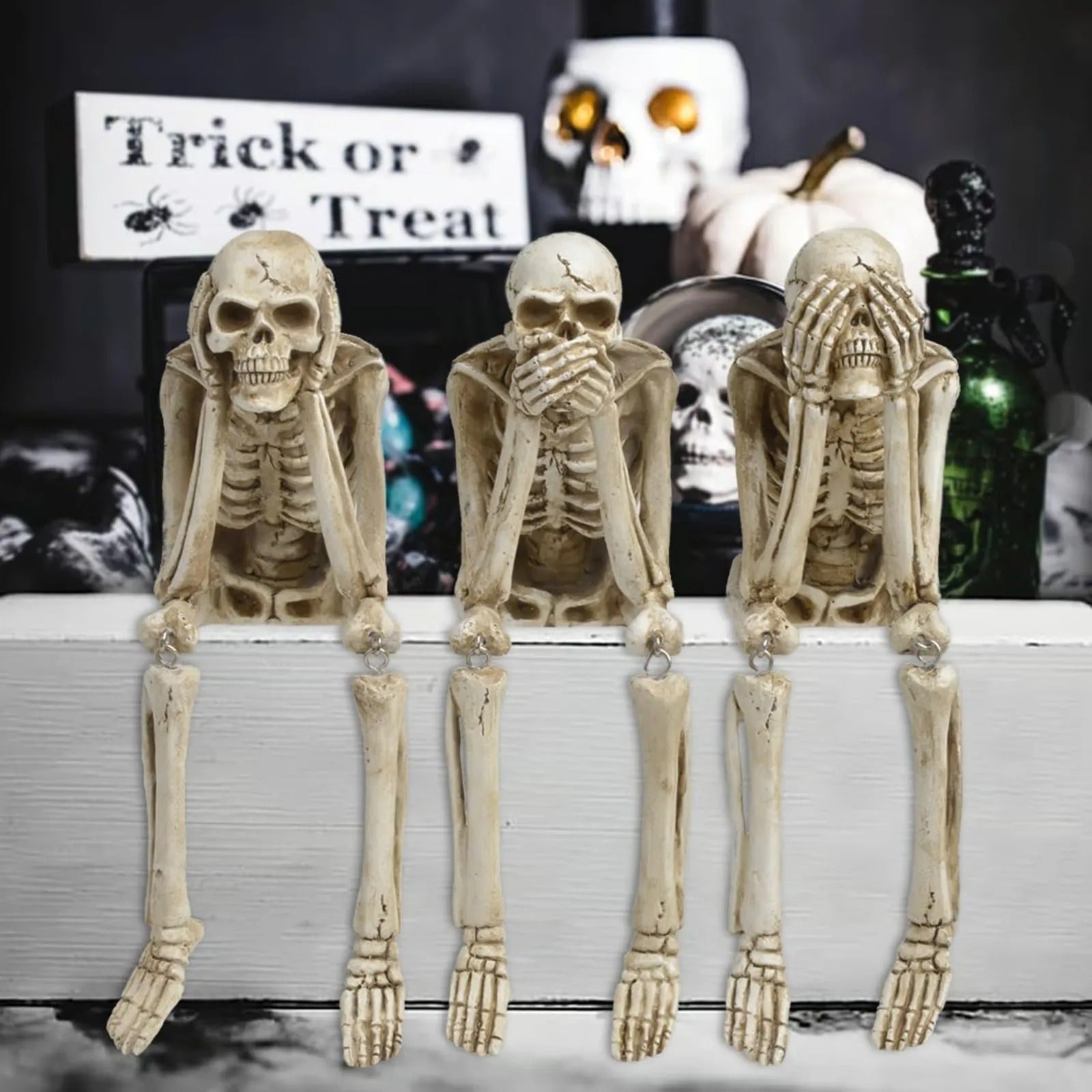 3-teiliges Set mit Skelettfiguren: Herbstliche Dekoration für den Kaminsims