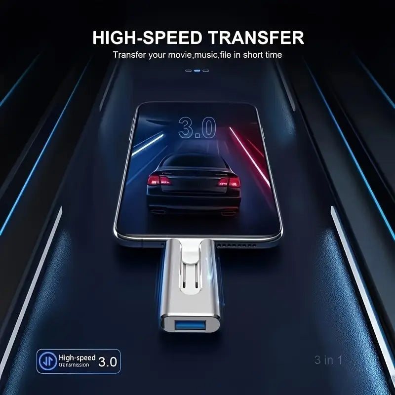 USB stick 4-in-1 with Lightning, USB-A, and USB-C connectors