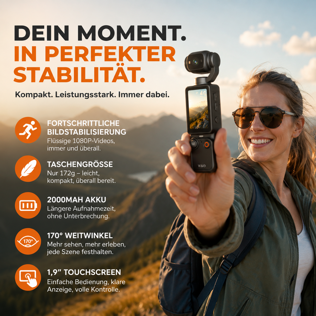 1080P Pocket Camera with Foldable Display and Touchscreen
