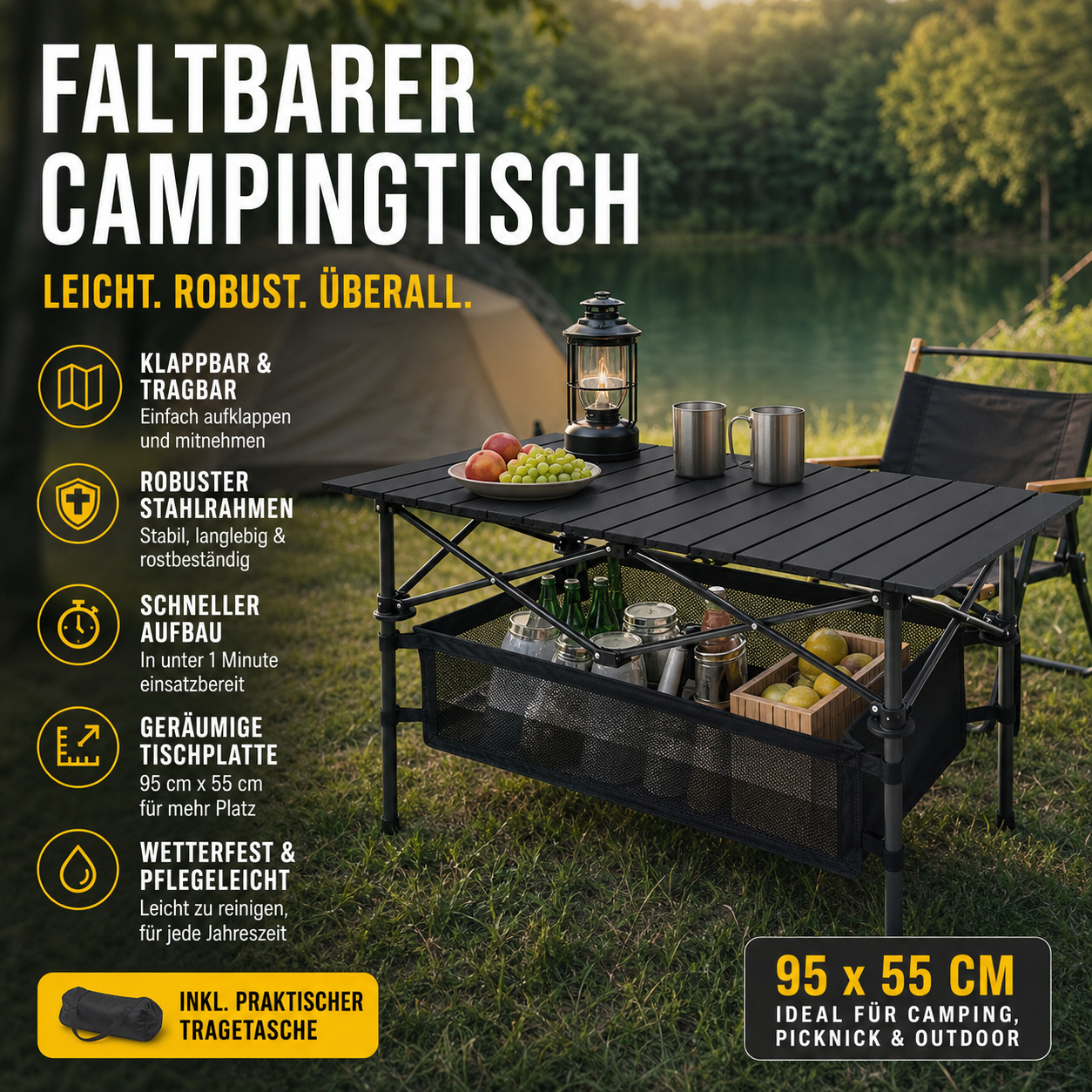 Klappbarer Campingtisch mit Rollup-Tischplatte