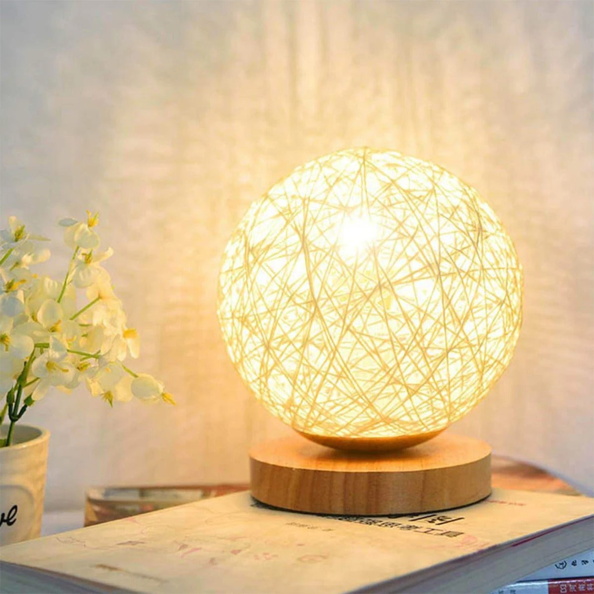 Tischlampe Rattan Kugel 30 cm mit Dimmfunktion